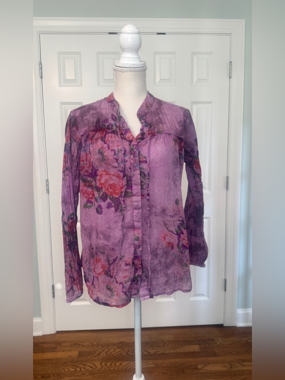 Vintage Goa Purple Floral Button Down Shirt Small S Boho Cottagecore Crinkle